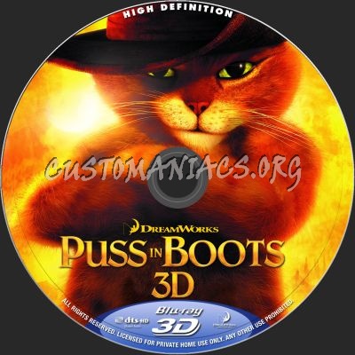 Puss In Boots 2D + 3D blu-ray label